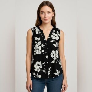 T Tahari Black White Floral Sleeveless Blouse XS – Flowy Relaxed Fit Workwear